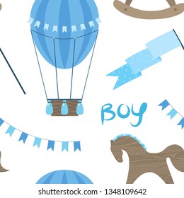 Vector seamless pattern illustration of blue objects in which boys are interested. Children's toys, entertainment and items for boys.