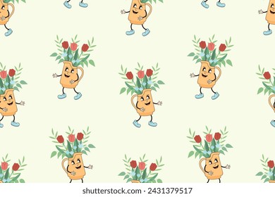 Vector seamless pattern with illustration of a bouquet in a flowerpot. Cartoon character in retro style with flowers.
