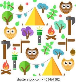 Vector Seamless Pattern Illustration Of Camping Pattern In Summer Colors. Perfect For Children Book Covers, Wallpaper, Wrapping Paper, Posters Etc.
