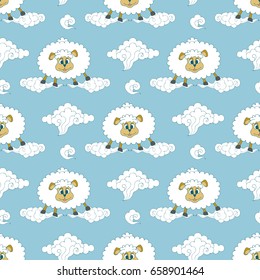 Vector seamless pattern illustration of cartoon sheep on blue sky with clouds background. Funny ewe for Children. 