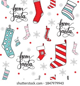 Vector seamless pattern illustration with Christmas socks for presents and snowflakes isolated on white background. Lettering From Santa. For decor,design,congratulation cards, design cushion, print.