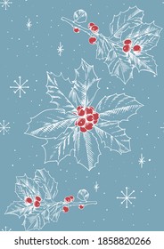 Vector seamless pattern illustration of christmas holly on blue background. Vintage new year wrapping paper. 