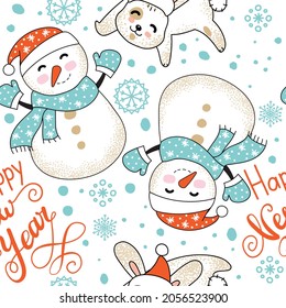 Vector seamless pattern illustration with Christmas rabbit, snowman and snowflakes isolated on white background. Lettering Happy new year. For decor,design,congratulation cards, design cushion, print