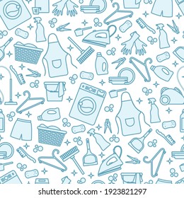 Vector Seamless pattern Illustration Cleaning Maid service Housekeeping Washing machine Crockery Detergents Iron Vacuum cleaner Professional hygiene service for domestic household chores Design Print