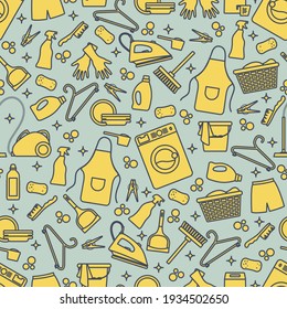 Vector Seamless pattern Illustration Cleaning Maid service Housekeeping Washing machine Crockery Detergents Iron Vacuum cleaner Professional hygiene service for domestic household chores Design Print