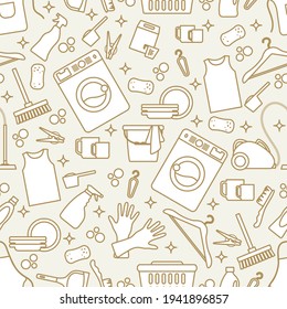 Vector Seamless pattern Illustration Cleaning Maid service Housekeeping Washing machine Crockery Detergents Iron Vacuum cleaner Professional hygiene service for domestic household chores Design Print
