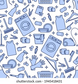 Vector Seamless pattern Illustration Cleaning Maid service Housekeeping Washing machine Crockery Detergents Iron Vacuum cleaner Professional hygiene service for domestic household chores Design Print