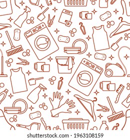 Vector Seamless pattern Illustration Cleaning Maid service Housekeeping Washing machine Crockery Detergents Iron Vacuum cleaner Professional hygiene service for domestic household chores Design Print