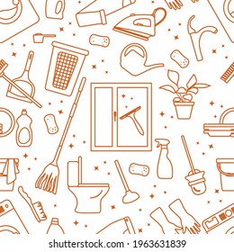 Vector Seamless pattern Illustration Cleaning Maid service Housekeeping Ironing Washing window Laundry Watering plant Mop Clean lavatory Professional hygiene Domestic household chores Design for print