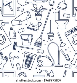 Vector Seamless pattern Illustration Cleaning Maid service Housekeeping Washing machine Mop Watering can Iron Vacuum cleaner Professional hygiene service for domestic household chores Design Print