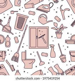 Vector Seamless pattern Illustration Cleaning Maid service Housekeeping Ironing Washing window Laundry Watering plant Mop Clean lavatory Professional hygiene Domestic household chores Design for print