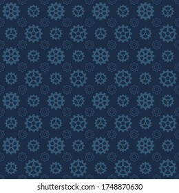 Vector seamless pattern illustration of cogwheel mechanisms. Silhouette of gear machinery icons, navy blue background bright blue gear. For surface design textures, covers, textiles, wrapping.