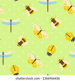 Vector seamless pattern illustration of colorful insects with polka dots background