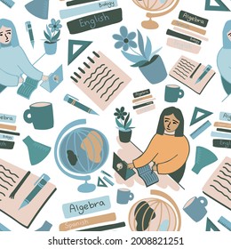 Vector seamless pattern illustration colorful design of study supplies and studying girl. The design is perfect for wrapping paper, backgrounds, advertisements