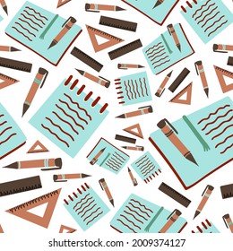 Vector seamless pattern illustration colorful design of study supplies notebooks and pens. The design is perfect for wrapping paper, backgrounds, advertisements