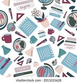 Vector seamless pattern illustration colorful design of study supplies, notebooks, stationery, globe, books. The design is perfect for wrapping paper, backgrounds, advertisements