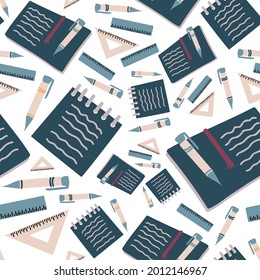 Vector seamless pattern illustration colorful design of study supplies notebooks and pens. The design is perfect for wrapping paper, backgrounds, advertisements
