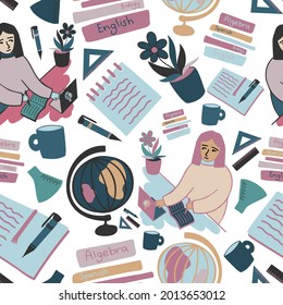 Vector seamless pattern illustration colorful design of study supplies and studying girl. The design is perfect for wrapping paper, backgrounds, advertisements