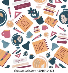 Vector seamless pattern illustration colorful design of study supplies notebooks and pens. The design is perfect for wrapping paper, backgrounds, advertisements