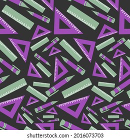 Vector seamless pattern illustration colorful design of study supplies rulers and pens. The design is perfect for wrapping paper, backgrounds, advertisements