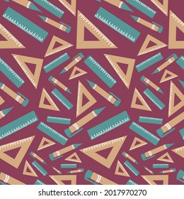 Vector seamless pattern illustration colorful design of study supplies rulers and pens. The design is perfect for wrapping paper, backgrounds, advertisements