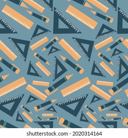 Vector seamless pattern illustration colorful design of study supplies rulers and pens. The design is perfect for wrapping paper, backgrounds, advertisements