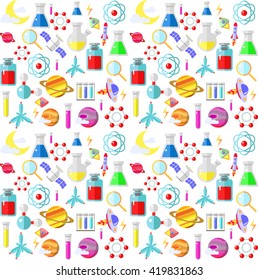 Vector Seamless Pattern Illustration Of Colorful Chemistry And Space Science Elements In Bright Colors. Perfect For Children Book Covers, Wallpapers, Wrapping Paper Etc.