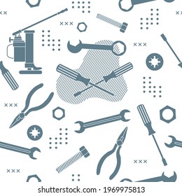 Vector seamless pattern Illustration Construction tools. Repair background. Pliers for gripping and manipulating, wrench, screwdriver, bolt, washer, nut, jack. Building. Design for poster or print