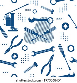 Vector seamless pattern Illustration Construction tools. Repair background. Pliers for gripping and manipulating, wrench, screwdriver, bolt, washer, nut, jack. Building. Design for poster or print