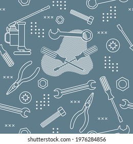 Vector seamless pattern Illustration Construction tools. Repair background. Pliers for gripping and manipulating, wrench, screwdriver, bolt, washer, nut, jack. Building. Design for poster or print