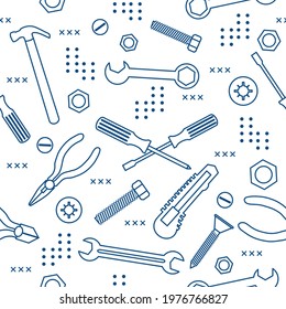 Vector seamless pattern Illustration Construction tools. Repair background. Pliers for gripping, manipulating, wrench, screwdriver, bolt, washer, nut, hammer, knife. Building. Design print