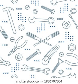 Vector seamless pattern Illustration Construction tools. Repair background. Pliers for gripping, manipulating, wrench, screwdriver, bolt, washer, nut, hammer, knife. Building. Design print