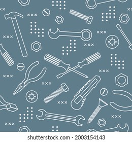 Vector seamless pattern Illustration Construction tools. Repair background. Pliers for gripping, manipulating, wrench, screwdriver, bolt, washer, nut, hammer, knife. Building. Design print