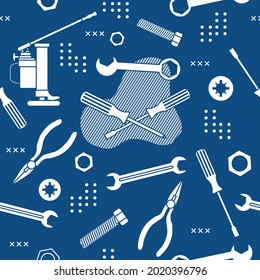 Vector seamless pattern Illustration Construction tools. Repair background. Pliers for gripping and manipulating, wrench, screwdriver, bolt, washer, nut, jack. Building. Design for poster or print