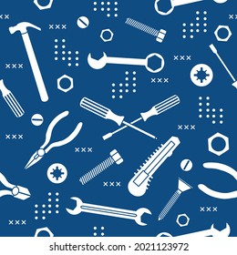 Vector seamless pattern Illustration Construction tools. Repair background. Pliers for gripping, manipulating, wrench, screwdriver, bolt, washer, nut, hammer, knife. Building. Design print