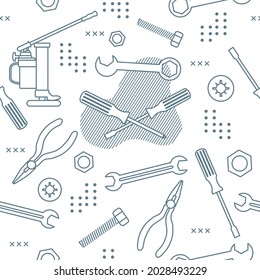 Vector seamless pattern Illustration Construction tools. Repair background. Pliers for gripping and manipulating, wrench, screwdriver, bolt, washer, nut, jack. Building. Design for poster or print