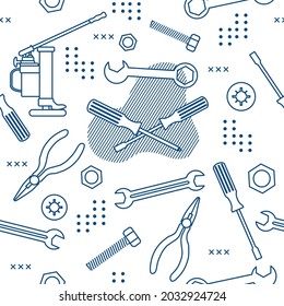 Vector seamless pattern Illustration Construction tools. Repair background. Pliers for gripping and manipulating, wrench, screwdriver, bolt, washer, nut, jack. Building. Design for poster or print