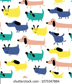 vector seamless pattern with illustration of cute dogs