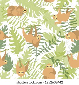 Vector seamless pattern illustration of cute character sloth with jungle leaves. Isolated cartoon baby climbing sloths. Hand drawn animal hanging on a branch. Drawing for print, textile, poster etc. 