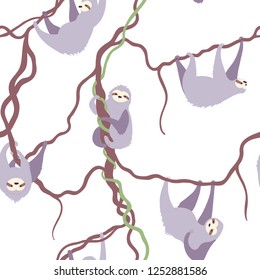 Vector seamless pattern illustration of cute character sloth with jungle leaves. Isolated cartoon baby climbing sloths. Hand drawn animal hanging on a branch. Drawing for print, textile, poster etc. 