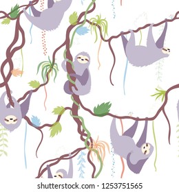 Vector seamless pattern illustration of cute character sloth with jungle leaves. Isolated cartoon baby climbing sloths. Hand drawn animal hanging on a branch. Drawing for print, textile, poster etc. 