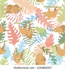 Vector seamless pattern illustration of cute character sloth with jungle leaves. Isolated cartoon baby climbing sloths. Hand drawn animal hanging on a branch. Drawing for print, textile, poster etc. 