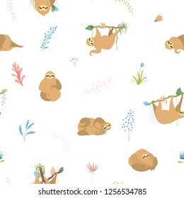 Vector seamless pattern illustration of cute character sloth with jungle leaves. Isolated cartoon baby climbing sloths. Hand drawn animal hanging on a branch. Drawing for print, textile, poster etc. 