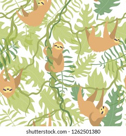 Vector seamless pattern illustration of cute character sloth with jungle leaves. Isolated cartoon baby climbing sloths. Hand drawn animal hanging on a branch. Drawing for print, textile, poster etc. 