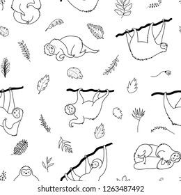 Vector seamless pattern illustration of cute character sloth with jungle leaves. Isolated cartoon baby climbing sloths. Hand drawn animal hanging on a branch. Drawing for print, textile, poster etc. 