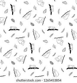 Vector seamless pattern illustration of cute character sloth with jungle leaves. Isolated cartoon baby climbing sloths. Hand drawn animal hanging on a branch. Drawing for print, textile, poster etc. 
