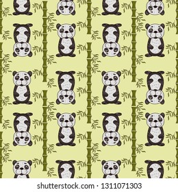 vector seamless pattern illustration cute Panda painted in childrens style sits in the thickets of bamboo with leaves for decoration and design background can be replaced
