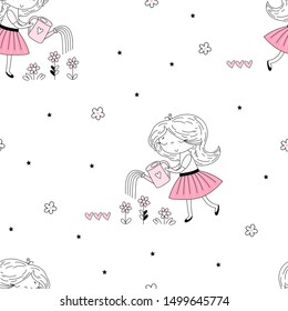 Vector seamless pattern illustration. Cute little girl watering flowers. Perfect for baby girl fabric. Vector funny doodle illustration for girlish designs like textile apparel print, wall art.