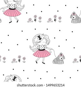 Vector seamless pattern illustration. Cute little french girl in pink and dog. Life is beautiful phrase. Simple minimalistic vector doodle illustration for girls