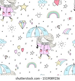 Vector seamless pattern illustration. Cute little girl in pink coat and stripy scarf hiding under umbrella during during the rain weather.